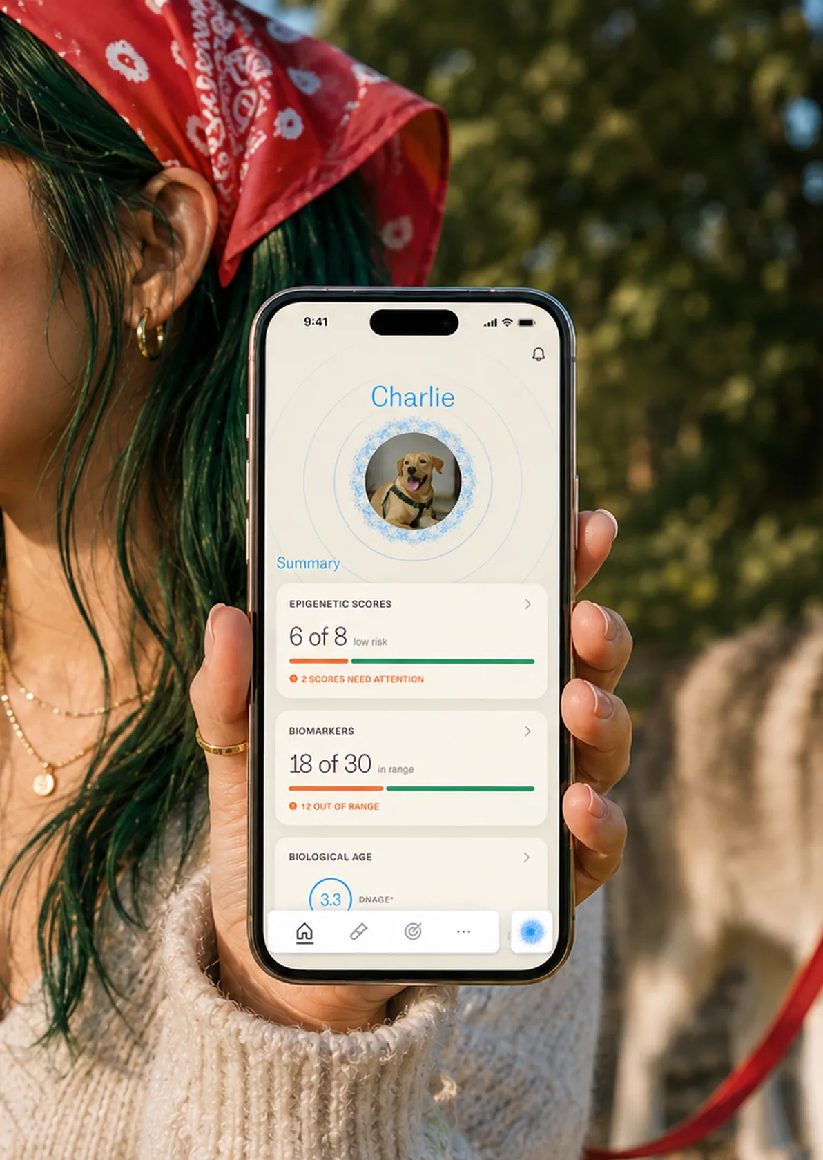 The Omi app showing Charlie's summary: cellular aging scores and biomarkers