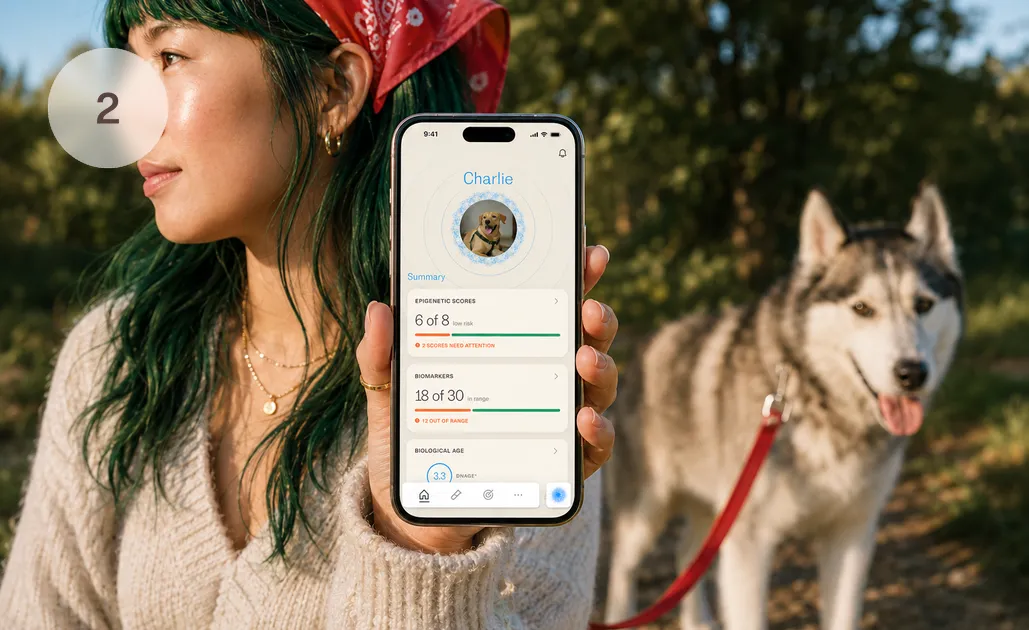 The Omi app showing Charlie's summary: cellular aging scores and biomarkers